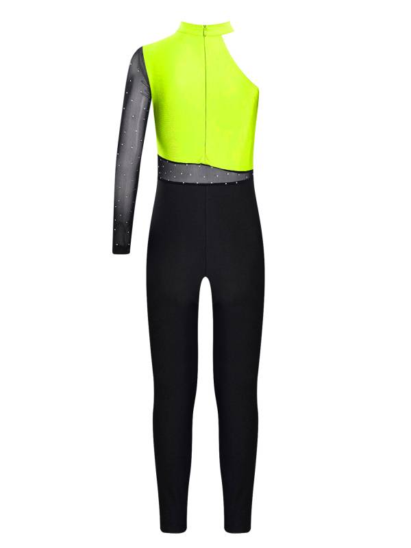 Kids Girls One Shoulder Long Sleeve Rhinestones Figure Skating Unitard thumb