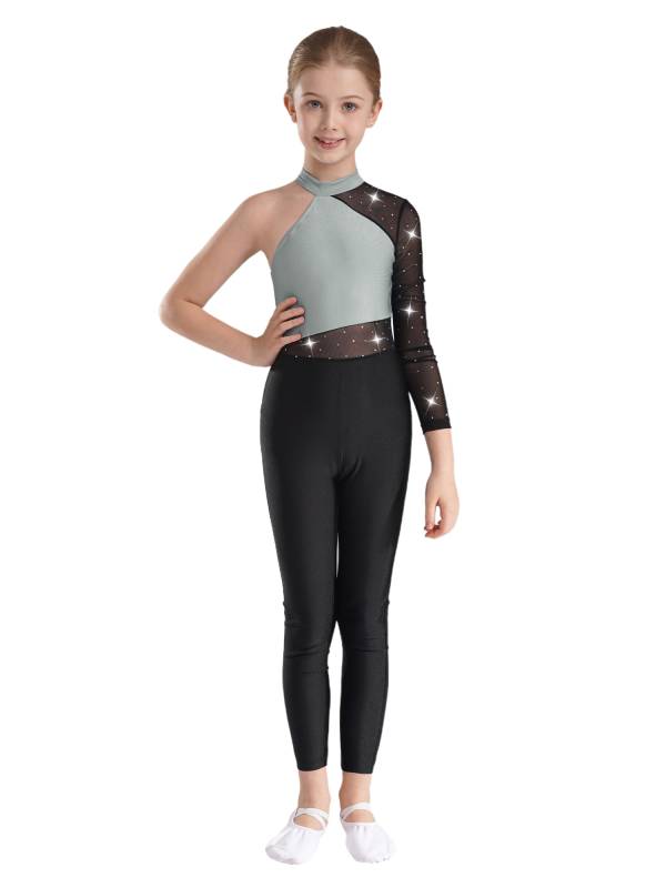 Kids Girls One Shoulder Long Sleeve Rhinestones Figure Skating Unitard thumb