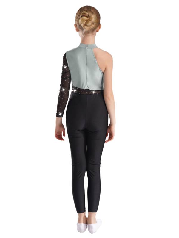 Kids Girls One Shoulder Long Sleeve Rhinestones Figure Skating Unitard thumb
