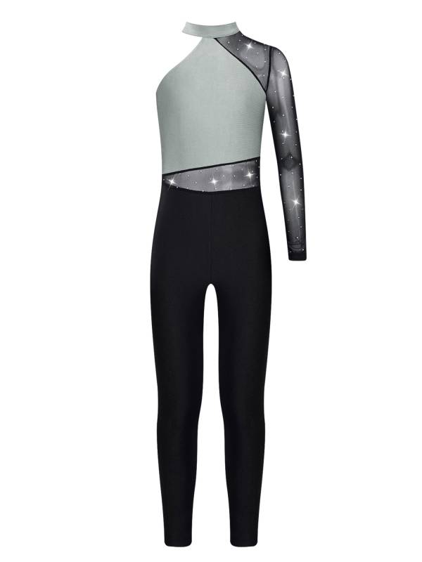 Kids Girls One Shoulder Long Sleeve Rhinestones Figure Skating Unitard thumb
