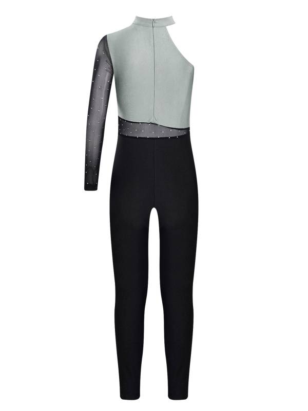 Kids Girls One Shoulder Long Sleeve Rhinestones Figure Skating Unitard thumb