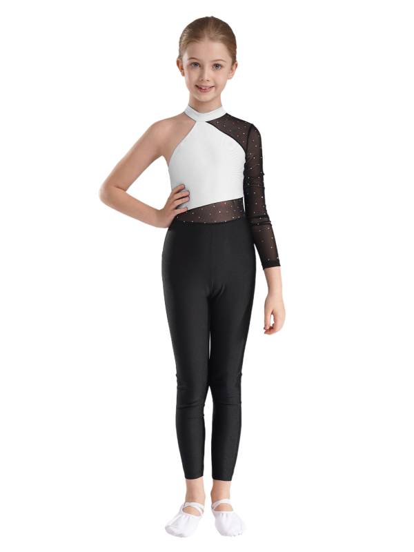 Kids Girls One Shoulder Long Sleeve Rhinestones Figure Skating Unitard thumb