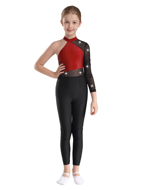 Kids Girls One Shoulder Long Sleeve Rhinestones Figure Skating Unitard thumb