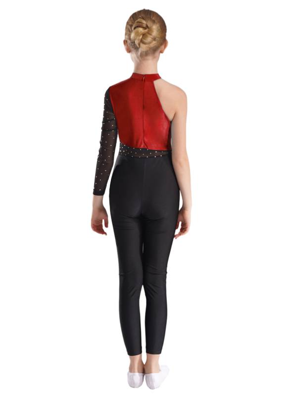 Kids Girls One Shoulder Long Sleeve Rhinestones Figure Skating Unitard thumb