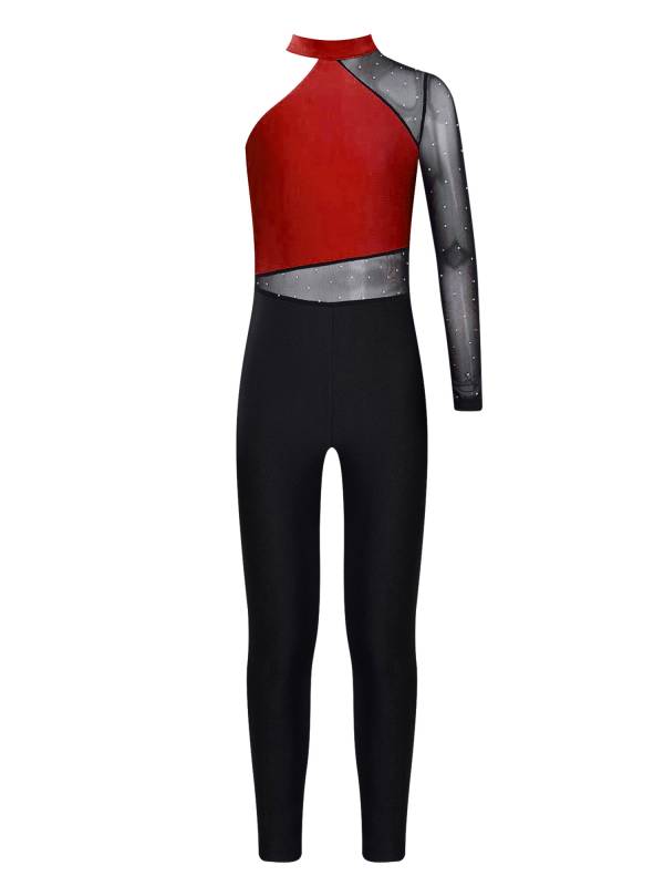 Kids Girls One Shoulder Long Sleeve Rhinestones Figure Skating Unitard thumb