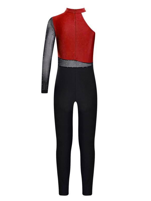Kids Girls One Shoulder Long Sleeve Rhinestones Figure Skating Unitard thumb