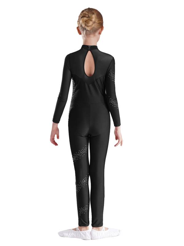 Kids Girls Sparkly Rhinestones Long Sleeve Figure Skating Unitard thumb