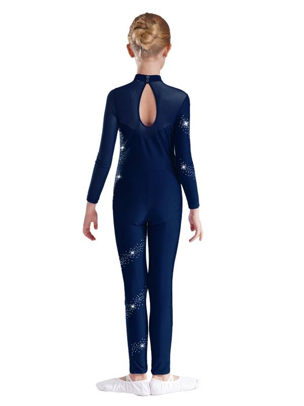 Kids Girls Sparkly Rhinestones Long Sleeve Figure Skating Unitard thumb