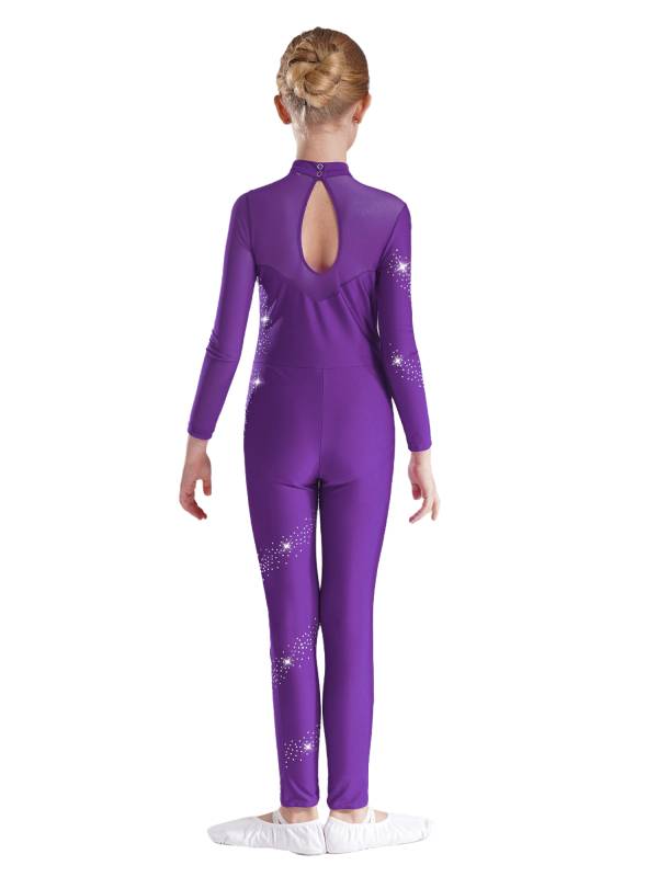Kids Girls Sparkly Rhinestones Long Sleeve Figure Skating Unitard thumb