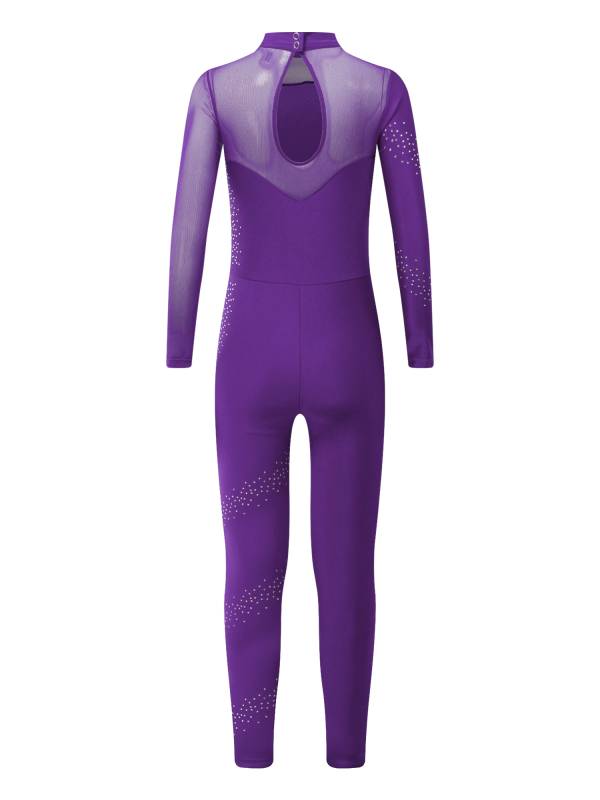 Kids Girls Sparkly Rhinestones Long Sleeve Figure Skating Unitard thumb
