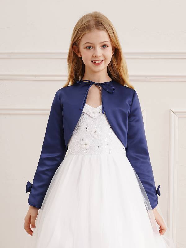 Kids Girls Stain Long Sleeve Bow Lace-up Crop Cardigan Solid Bolero thumb