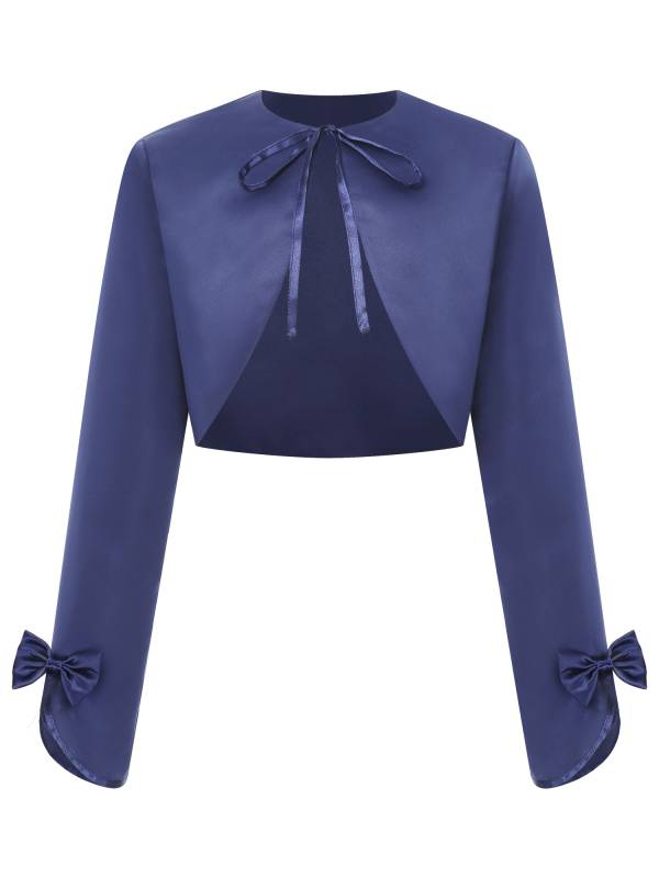 Kids Girls Stain Long Sleeve Bow Lace-up Crop Cardigan Solid Bolero thumb
