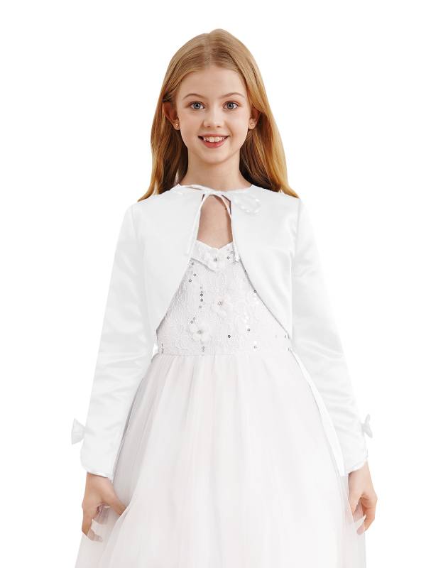 Kids Girls Stain Long Sleeve Bow Lace-up Crop Cardigan Solid Bolero thumb
