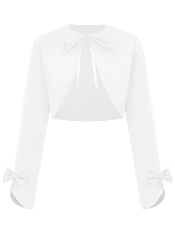 Kids Girls Stain Long Sleeve Bow Lace-up Crop Cardigan Solid Bolero thumb