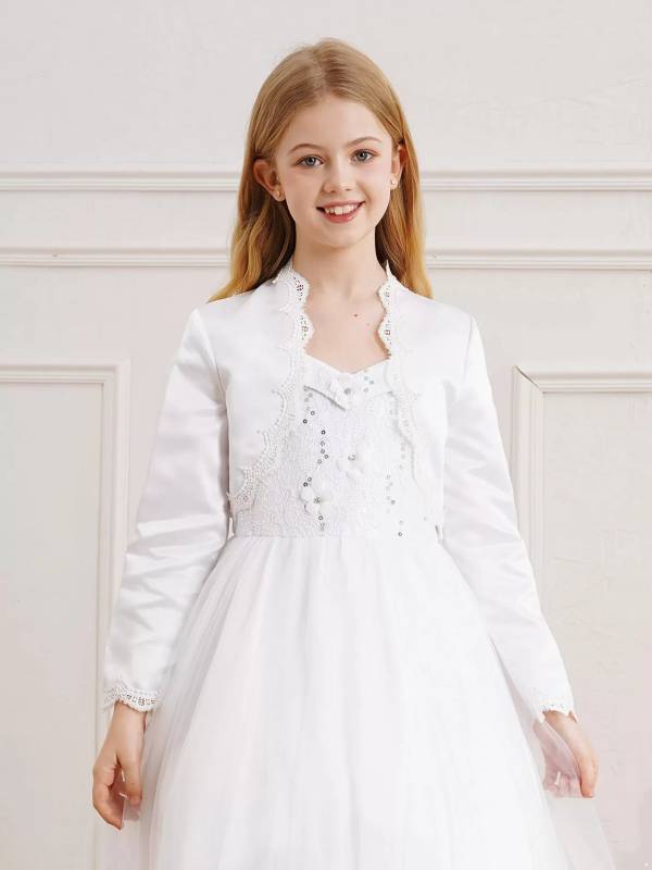 Kids Girls Satin Long Sleeve Open Front Eyelash Lace Crop Bolero thumb