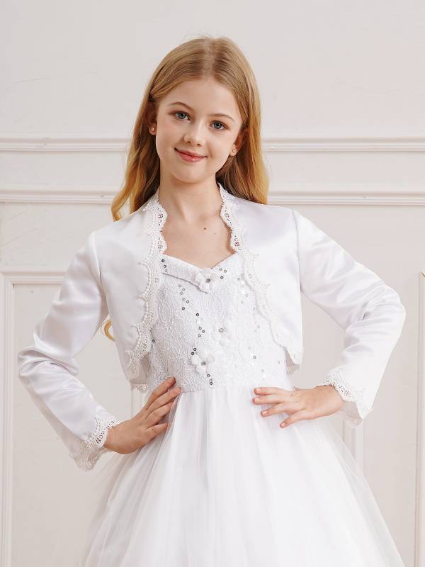 Kids Girls Satin Long Sleeve Open Front Eyelash Lace Crop Bolero thumb
