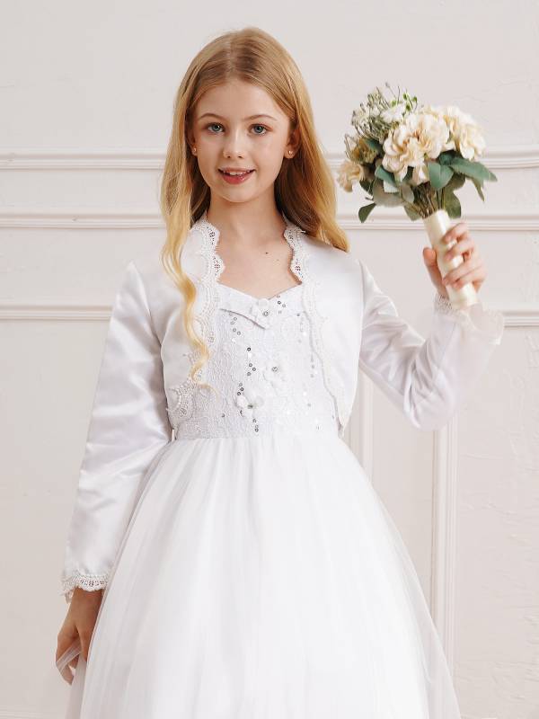 Kids Girls Satin Long Sleeve Open Front Eyelash Lace Crop Bolero thumb