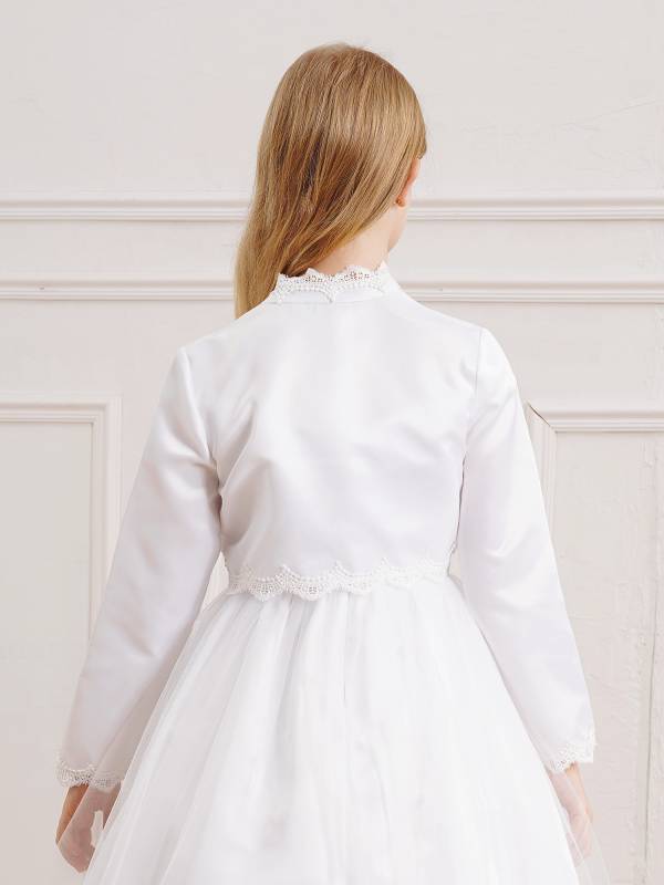 Kids Girls Satin Long Sleeve Open Front Eyelash Lace Crop Bolero thumb