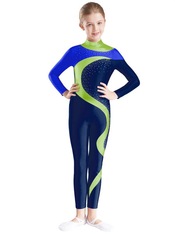 Kids Girls Metallic Rhinestones Long Sleeve Keyhole Back Figure Skating Unitard thumb