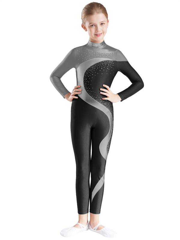 Kids Girls Metallic Rhinestones Long Sleeve Keyhole Back Figure Skating Unitard thumb