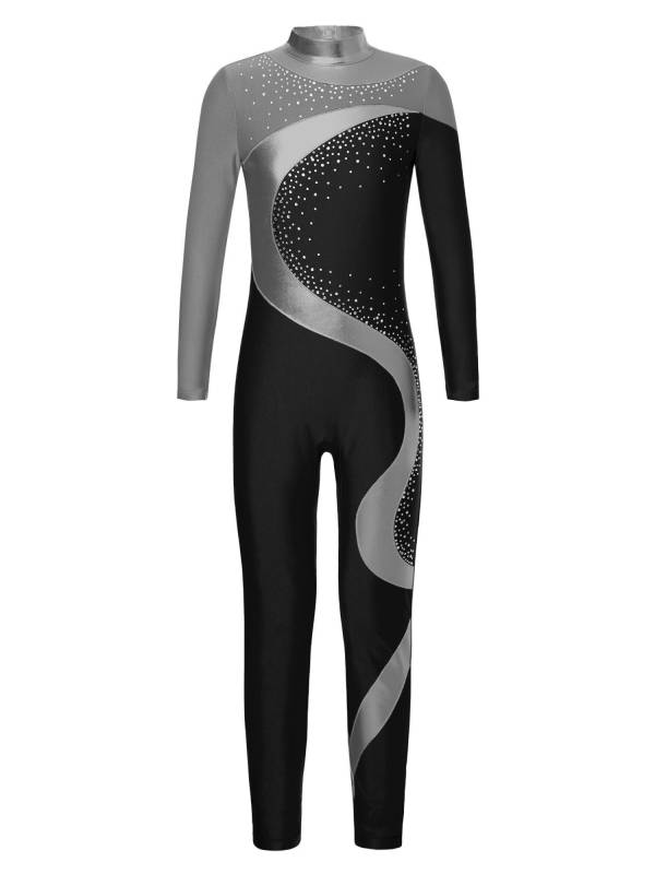 Kids Girls Metallic Rhinestones Long Sleeve Keyhole Back Figure Skating Unitard thumb