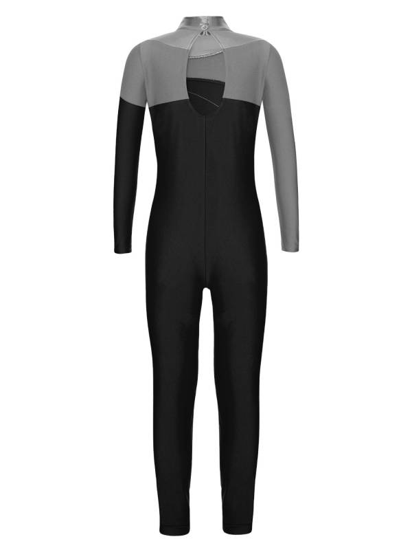Kids Girls Metallic Rhinestones Long Sleeve Keyhole Back Figure Skating Unitard thumb