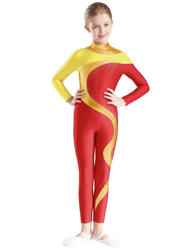 Kids Girls Metallic Rhinestones Long Sleeve Keyhole Back Figure Skating Unitard thumb