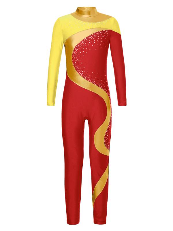 Kids Girls Metallic Rhinestones Long Sleeve Keyhole Back Figure Skating Unitard thumb