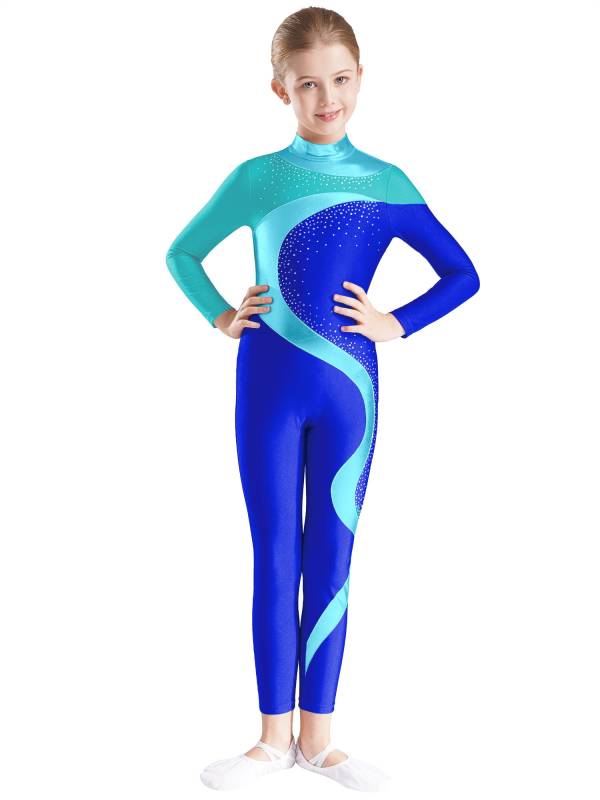 Kids Girls Metallic Rhinestones Long Sleeve Keyhole Back Figure Skating Unitard thumb