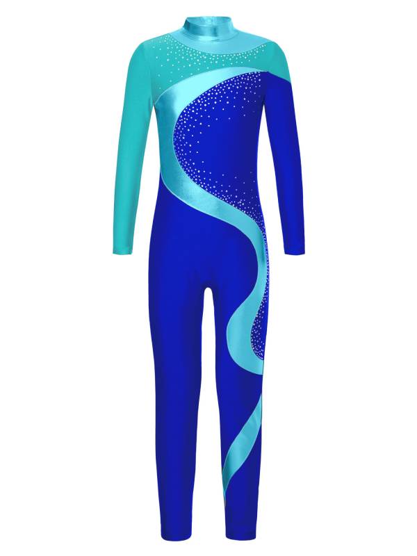 Kids Girls Metallic Rhinestones Long Sleeve Keyhole Back Figure Skating Unitard thumb