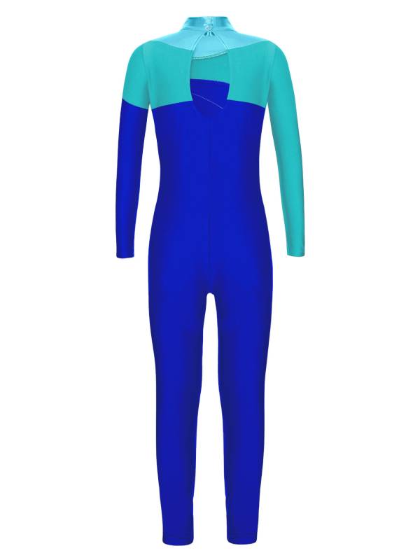 Kids Girls Metallic Rhinestones Long Sleeve Keyhole Back Figure Skating Unitard thumb