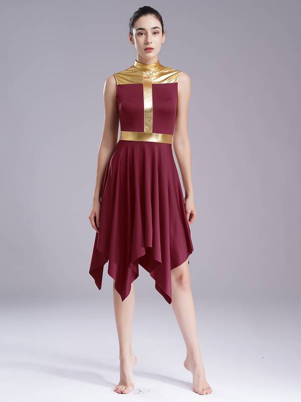 Women Metallic Mock Neck Sleeveless Asymmetrical Worship Dance Dress thumb