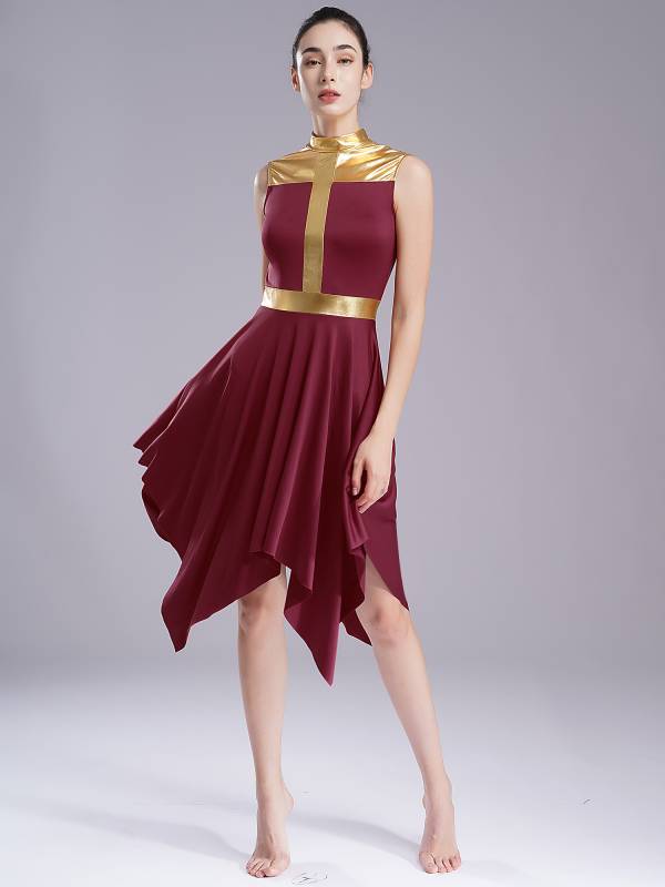 Women Metallic Mock Neck Sleeveless Asymmetrical Worship Dance Dress thumb