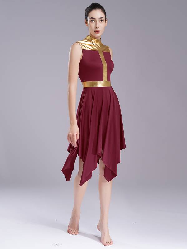 Women Metallic Mock Neck Sleeveless Asymmetrical Worship Dance Dress thumb