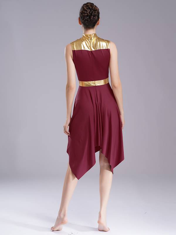 Women Metallic Mock Neck Sleeveless Asymmetrical Worship Dance Dress thumb