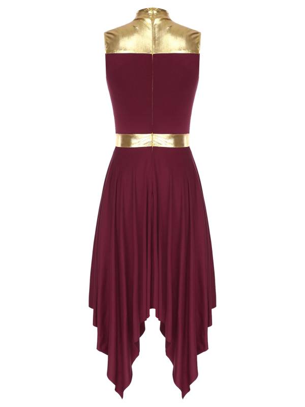 Women Metallic Mock Neck Sleeveless Asymmetrical Worship Dance Dress thumb