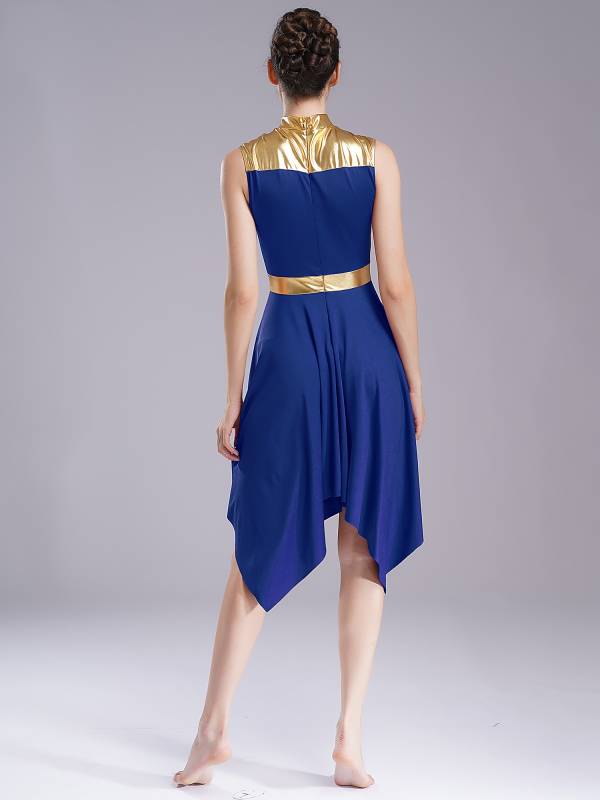 Women Metallic Mock Neck Sleeveless Asymmetrical Worship Dance Dress thumb