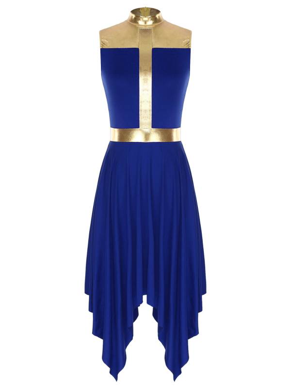 Women Metallic Mock Neck Sleeveless Asymmetrical Worship Dance Dress thumb