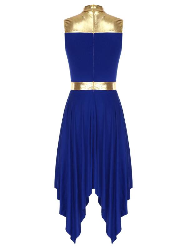 Women Metallic Mock Neck Sleeveless Asymmetrical Worship Dance Dress thumb