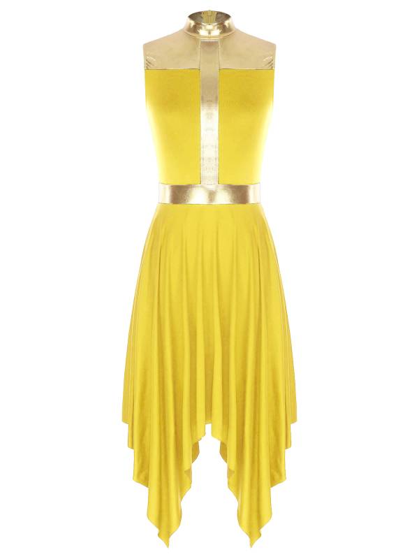 Women Metallic Mock Neck Sleeveless Asymmetrical Worship Dance Dress thumb