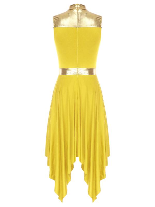 Women Metallic Mock Neck Sleeveless Asymmetrical Worship Dance Dress thumb