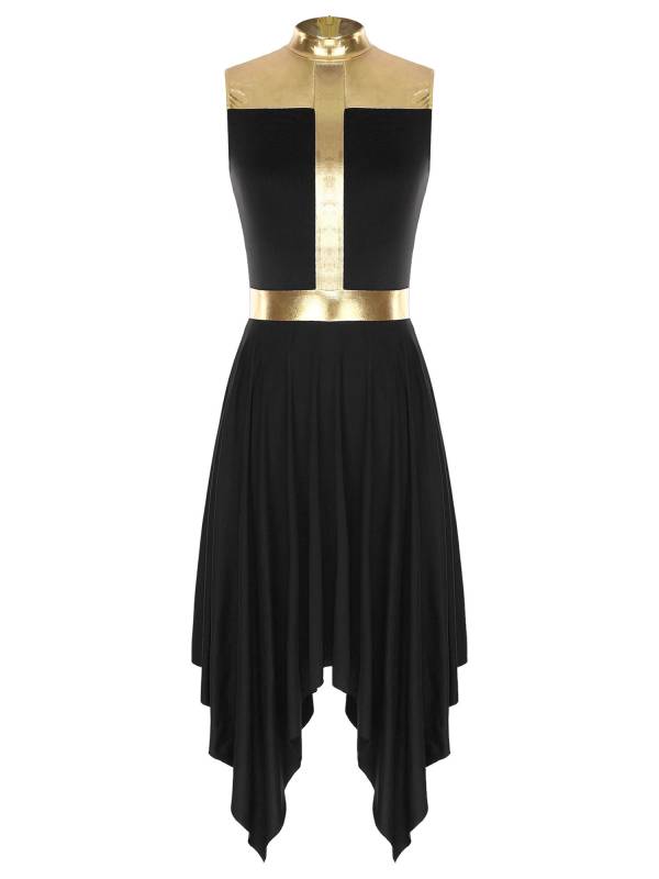 Women Metallic Mock Neck Sleeveless Asymmetrical Worship Dance Dress thumb