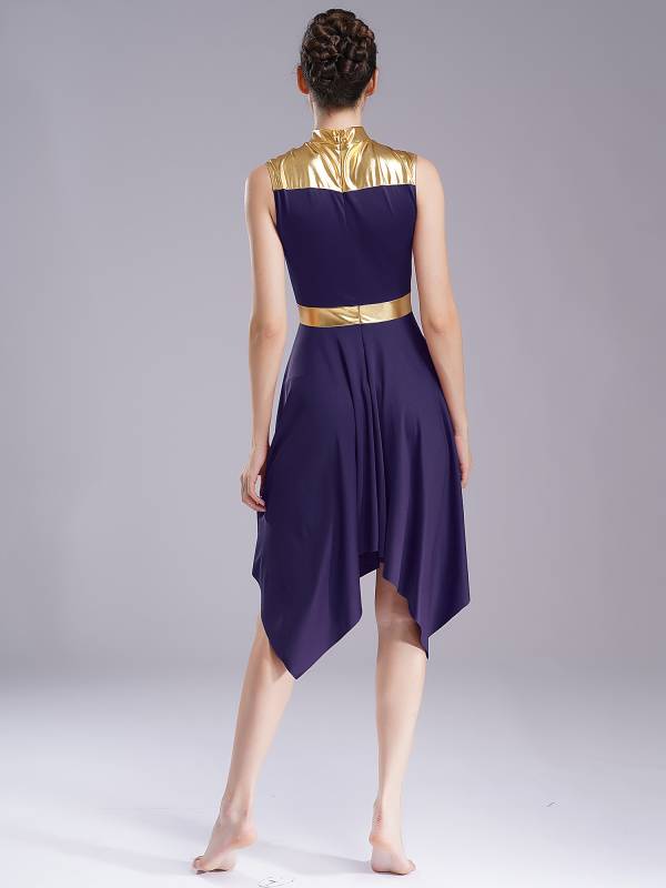 Women Metallic Mock Neck Sleeveless Asymmetrical Worship Dance Dress thumb