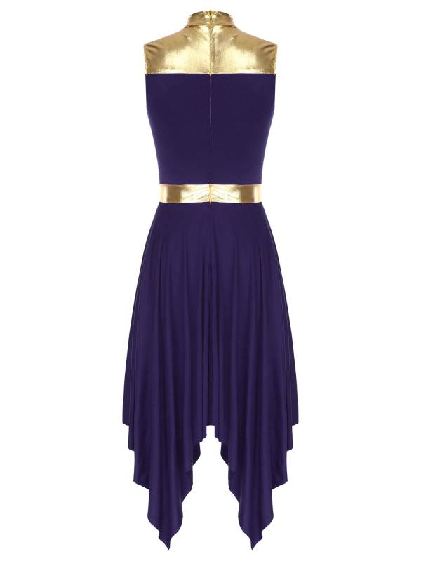 Women Metallic Mock Neck Sleeveless Asymmetrical Worship Dance Dress thumb