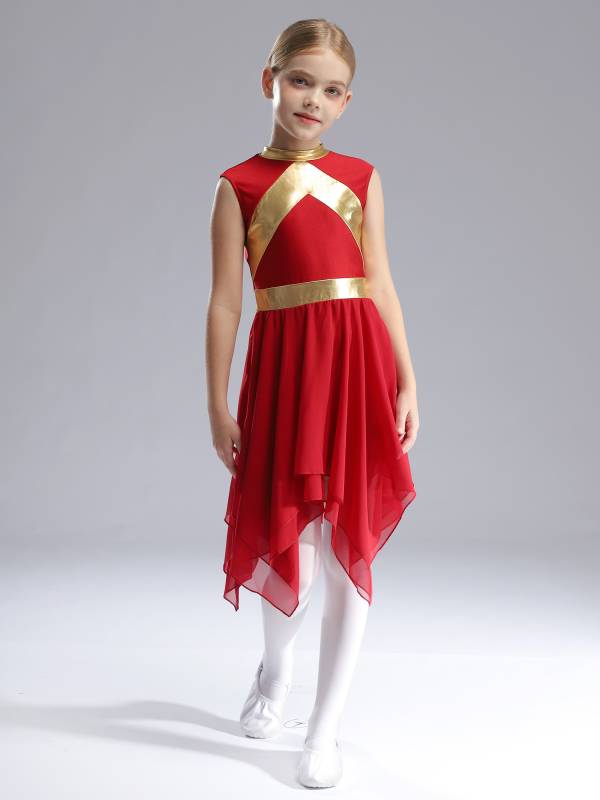 Kids Girls Metallic Sleeveless Asymmetrical Liturgical Praise Dance Dress thumb
