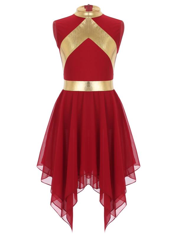 Kids Girls Metallic Sleeveless Asymmetrical Liturgical Praise Dance Dress thumb