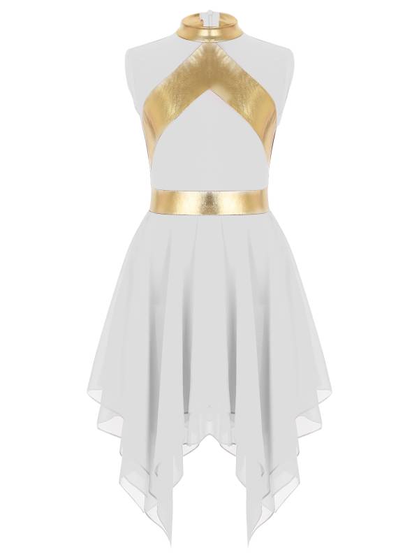 Kids Girls Metallic Sleeveless Asymmetrical Liturgical Praise Dance Dress thumb