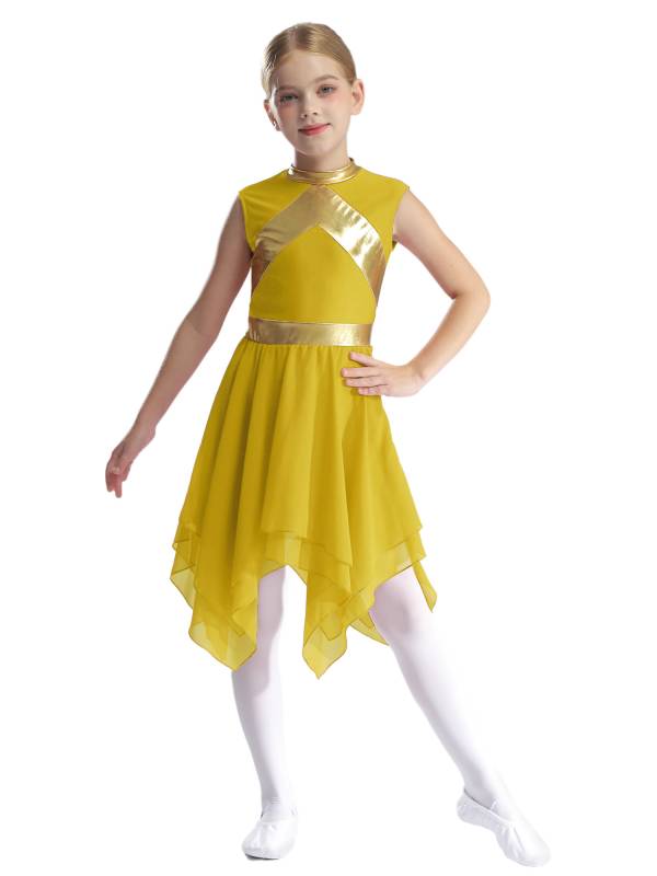 Kids Girls Metallic Sleeveless Asymmetrical Liturgical Praise Dance Dress thumb