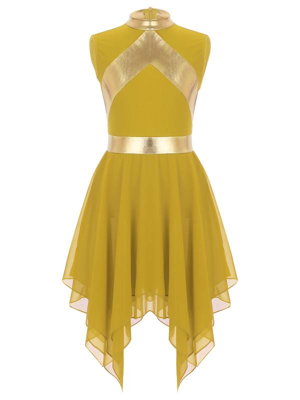 Kids Girls Metallic Sleeveless Asymmetrical Liturgical Praise Dance Dress thumb
