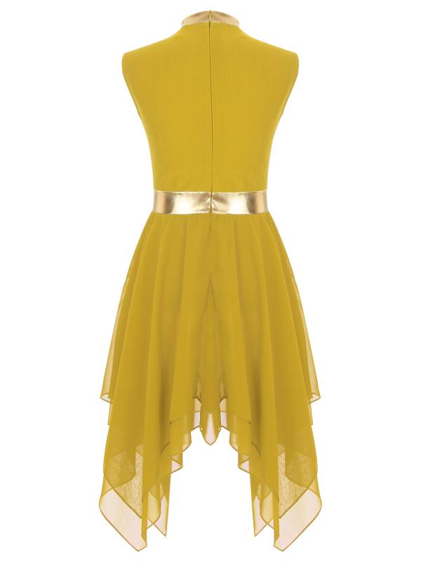 Kids Girls Metallic Sleeveless Asymmetrical Liturgical Praise Dance Dress thumb